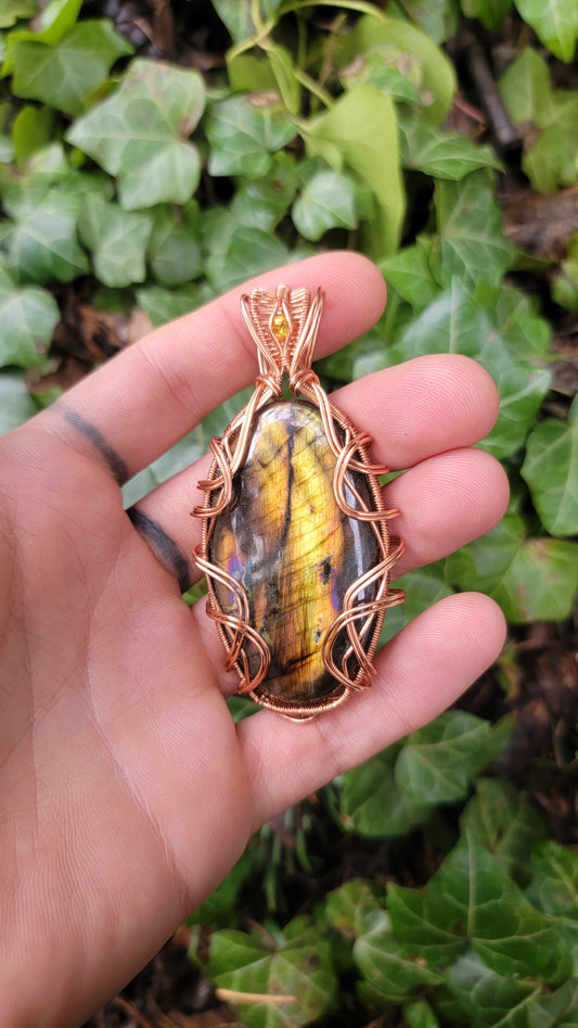 Yellow/orange Labradorite & Citrine Pendant Copper Jewelry