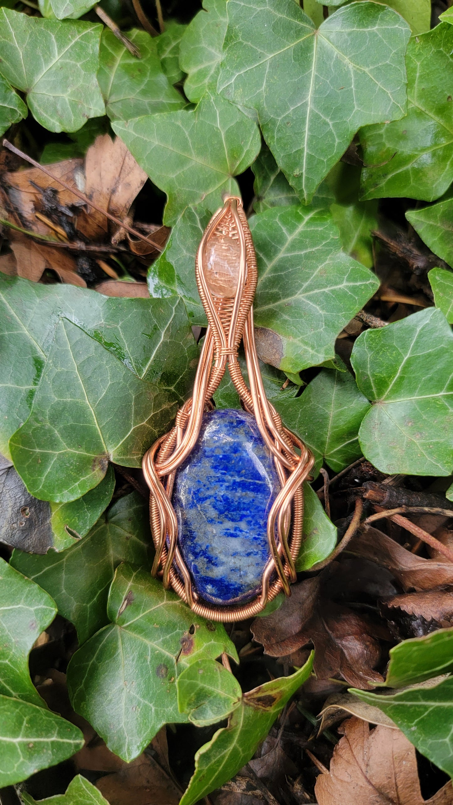 Lapis Azuli & Rutilated Quartz Pendant Copper