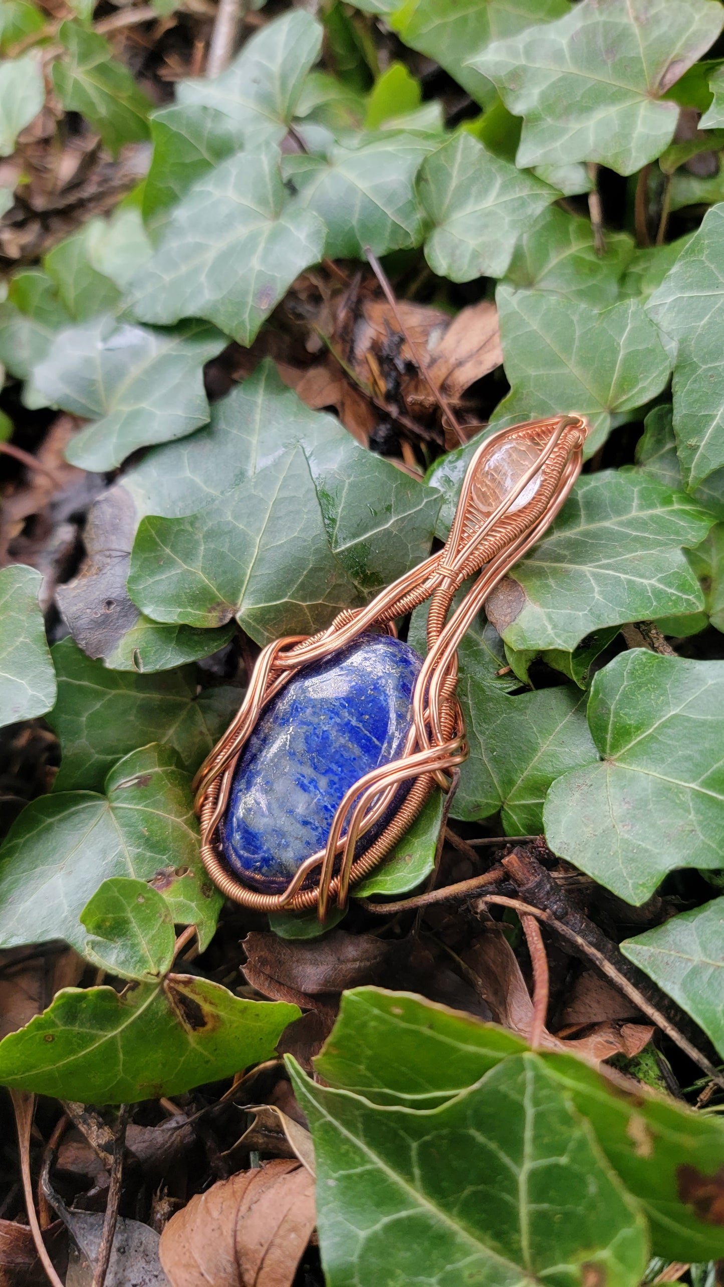 Lapis Azuli & Rutilated Quartz Pendant Copper