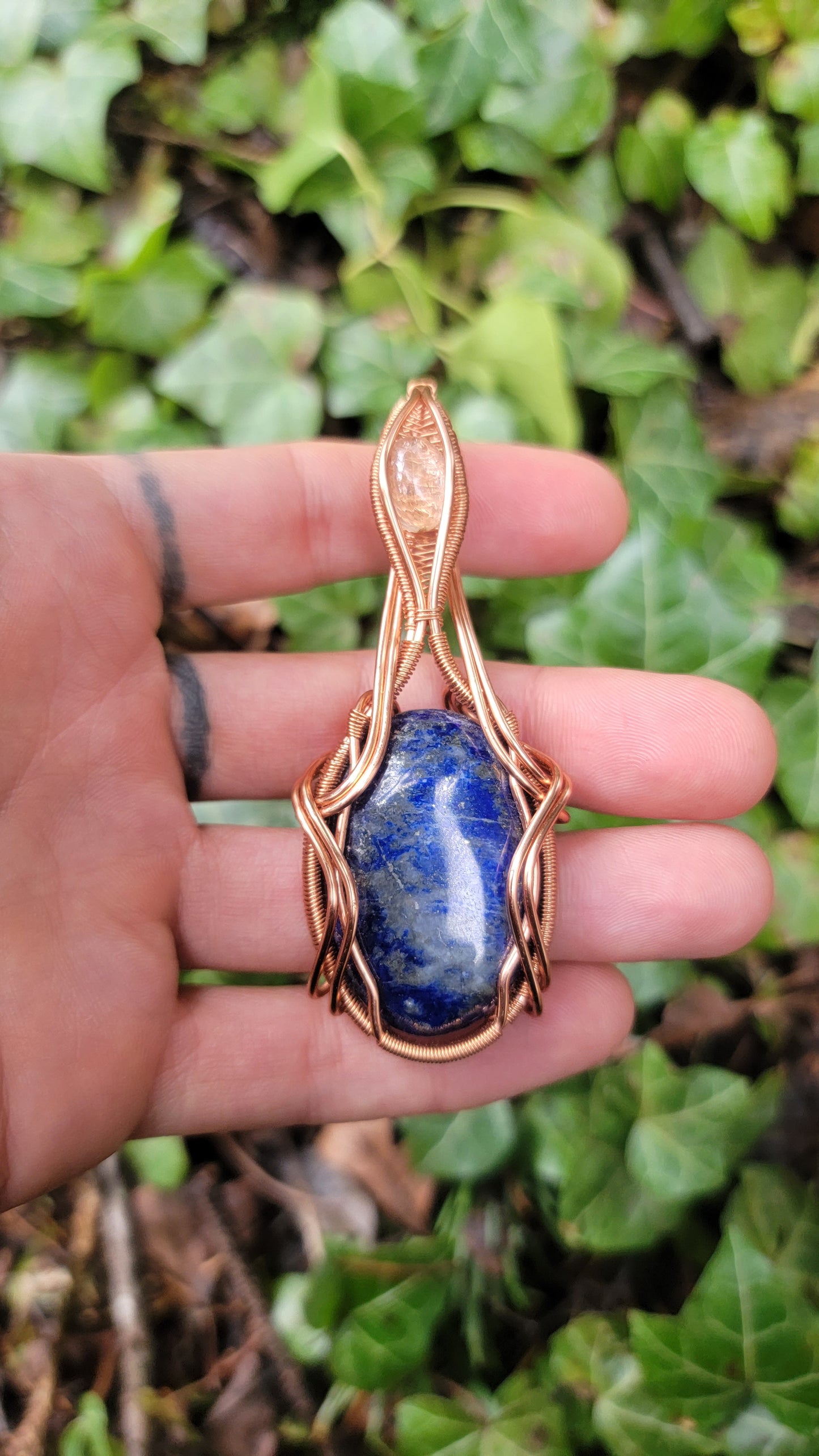 Lapis Azuli & Rutilated Quartz Pendant Copper