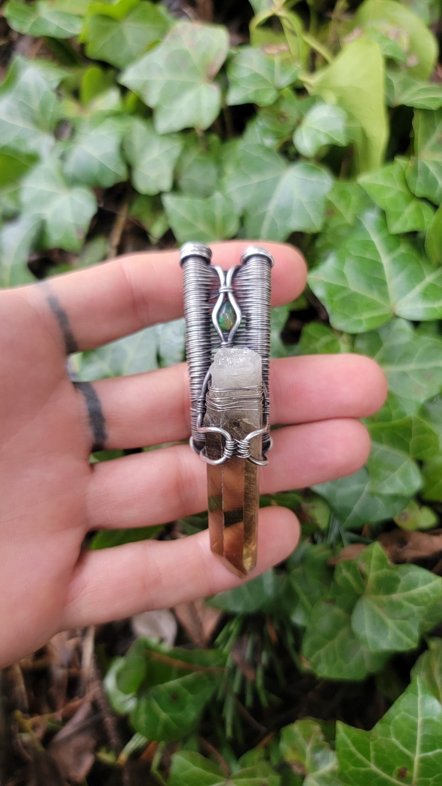 Smokey Quartz & Black Fire Opal Pendant Sterling Silver Jewelry